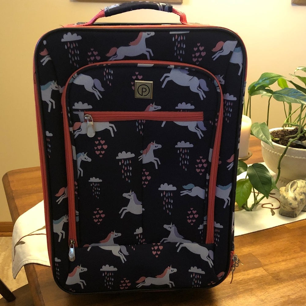Unicorn Print Carry-On Luggage with Coral Trim